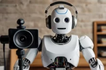 Default_smiling_white_robot_with_headphones_is_filming_as_a_yo_0